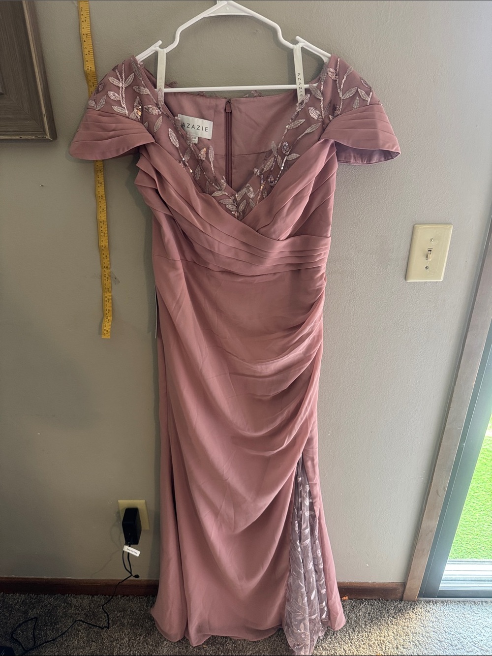 Azazie Dusty Rose Embroidered Off-Shoulder Gown